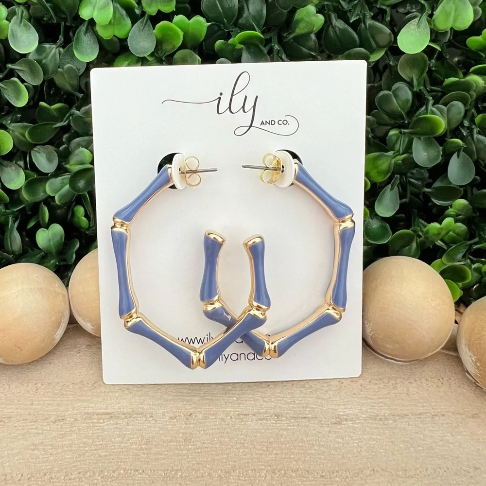 New Denim Blue Enamel Bamboo Hoop Earrings Grandmillennial | Gold | Lightweight